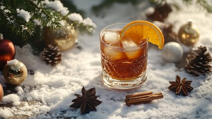 A cup of warm spiced rum with a slice of orange and cinnamon, on a snowy table with holiday decorations .