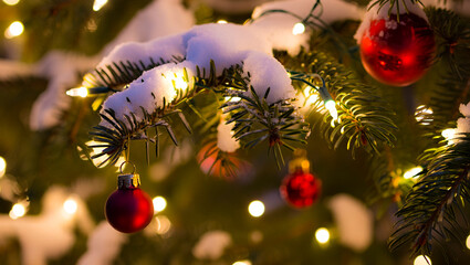 Christmas-Pine-Leaves-Close-up-with-Snow