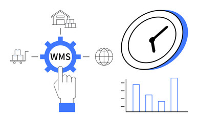 Hand pointing at WMS gear with warehouse, delivery truck, globe, clock, and bar graph elements. Ideal for logistics, supply chain, inventory, management technology time efficiency performance