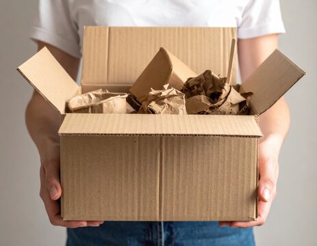 Person holding a cardboard box filled with packing materials - Powered by Adobe
