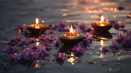 Burning Candles Floating on Water Surrounded by Purple Petals with Warm Lighting