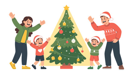 Christmas joy and togetherness: A family full of excitement and joy celebrates the holiday near a Christmas tree. Their expressions reflect happiness, warmth and the joy of sharing memorable moments.