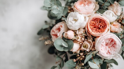 Close Up Arrangement of Pastel Pink and White Roses with Green Eucalyptus Leaves Against a Soft White Background