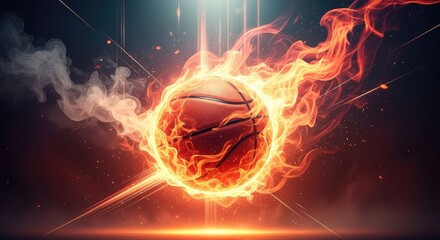 A basketball engulfed in flames, surrounded by smoke and light streaks, creating a dynamic and intense sports image with a dark background