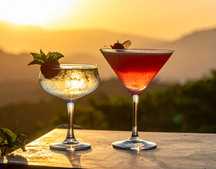 Two vibrant cocktails&mdash;a red martini and a green drink&mdash;placed outdoors with a sunset in the background. Captured using side/back lighting that enhances color contrast, reflections, and a warm evening m