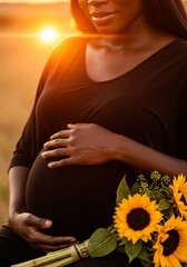 A radiant pregnant Black woman cradles her belly, holding sunflowers in a golden sunset field. A beautiful, serene portrait celebrating motherhood, new life, and natural beauty