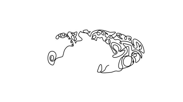 Animated self drawing of continuous line draw pan with cooked food. Full length one line animation. 4K