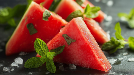 Refreshing watermelon triangles with fresh mint leaves, vibrant red and green contrast, soft summer lighting, crisp texture, close-up composition.