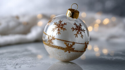 Transparent Christmas ornament with golden glitter snowflakes resting on a soft winter background with warm festive bokeh lights