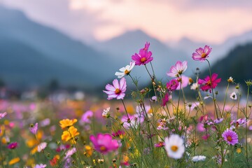 Field of Colorful Cosmos Flowers in Bloom with Mountain Backdrop at Dusk Pink Sky Yellow Violet Flowers in Soft Focus Under Pastel Sky Landscape