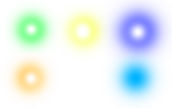 Diverse Light Spots Glowing in Green Yellow White Blue and Amber Hues on Transparent Background Effect Colorful Light Source