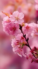 Close Up View of Pink Cherry Blossom Flowers on a Branch with Blurred Pink Background
