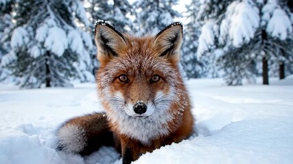 Wild red fox in snowy forest, tranquil winter landscape evokes serenity and solitude, nature's beauty highlighted during Christmas season