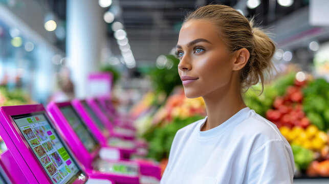Female Grocery Cashier Using AI-Assisted Checkout with Neon Interface Panels