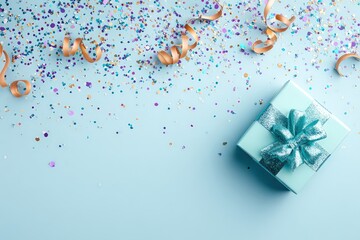 Gift Box with Bow and Confetti on Pastel Blue Background Celebration Concept