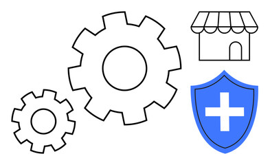 Interconnected gears, protective shield with cross, and store icon emphasizing collaboration, safety, business, innovation, efficiency, management, and reliability in a simple flat metaphor