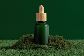Green Bottle with Wooden Dropper on a Lush Green Surface Against a Dark Green Backdrop