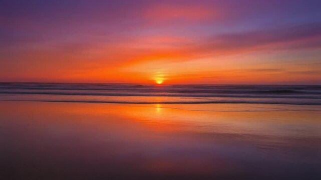 Breathtaking panoramic view of beach at sunrise with vibrant purple and orange sky reflecting on wet sand and calm ocean waves. Perfect for travel, vacation, nature, tranquility, inspiration, and coas