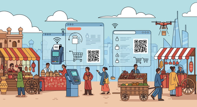 Digital transformation of traditional marketplace with online shopping and payment methods.