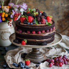 Decadent Chocolate Naked Cake Adorned with Fresh Mixed Berries and Mint