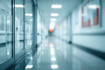 Long Hospital Corridor with Glass Doors and Overhead Lighting in Blue Tones