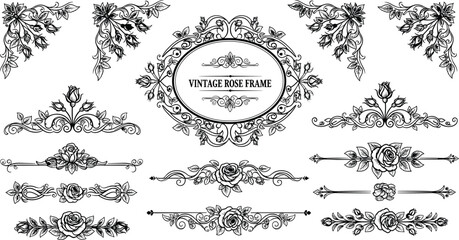 Vintage rose frame set, black white vector, floral corner design, ornate scroll divider, decorative border, classic botanical art, elegant layout