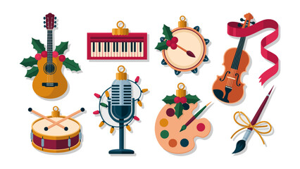 Melody of Christmas: A collection of festive ornament illustrations showcasing a variety of musical instruments and art supplies, decorated with holly and lights.