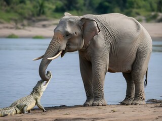 Fototapeta premium Elephant on Riverbank Bitten by Small Crocodile