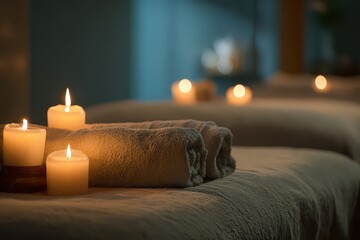 Relaxing Spa Setting with Lit Candles and Rolled Towels on Treatment Tables in Soft Warm Lighting for Wellness Promotion in a Calming Environment
