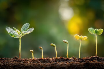 Seedling Growth Stages on Dark Soil Against Blurred Green Background for Ecological and Sustainable Development Concept