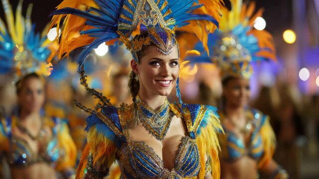 Carnival dancer smiles in bright costume during vibrant night parade