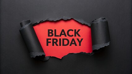 Black friday sale announcement revealed through torn black paper revealing bright red background with bold text for holiday shopping promotion concept