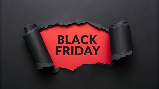 Black friday sale announcement revealed through torn black paper revealing bright red background with bold text for holiday shopping promotion concept