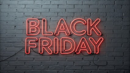 Bright red neon sign displaying the words black friday glowing against a dark, textured brick wall, symbolizing holiday sale event