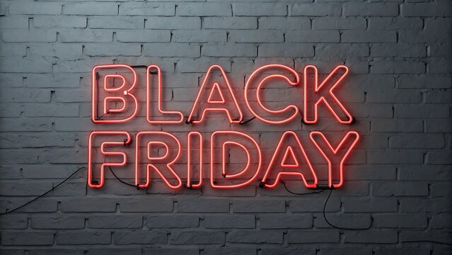 Bright red neon sign displaying the words black friday glowing against a dark, textured brick wall, symbolizing holiday sale event