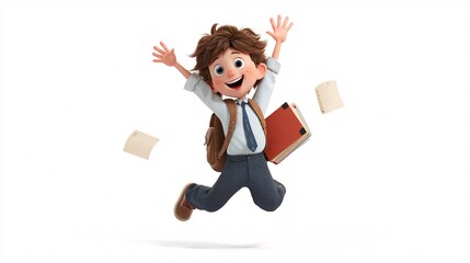 Happy schoolboy jumping for joy with books and papers flying around