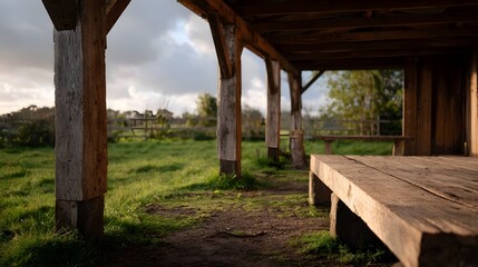 Rustic wooden shelter with weathered beams in a serene rural field under soft natural light