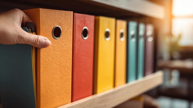 Colorful office folders on a wooden shelf in warm sunlight symbolizing organization order and productivity perfect for business or workplace visuals