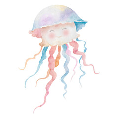 Jellyfish, pastel colored cartoon sea creature with tentacles hand drawn watercolor illustration isolated on white. Bright underwater clipart for children's games and activities, ocean, marine design