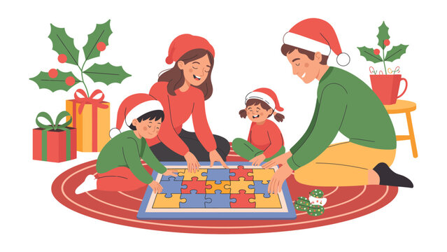 Holiday Family Puzzle Time: A cozy family gathering, adorned in festive attire, joins together to assemble a colorful puzzle, evoking feelings of warmth and togetherness. 