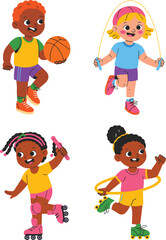 Active children playing sports and outdoor activities, basketball, jump rope, roller skating, hula hooping, healthy lifestyle illustration for kids