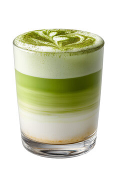 A glass of matcha latte with frothy top, vibrant green and creamy white layers | transparent png