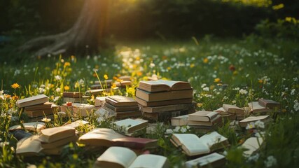 Video A stack of books lying on a vibrant grassy area