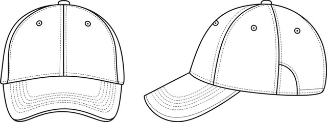 Baseball cap cad drawing flat vector illustration, detailed technical line art hat design template for fashion product development and presentation