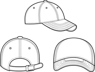 Baseball cap technical illustration showing front, side, and back views with detailed stitching and construction lines – cad drawing flat vector illustration