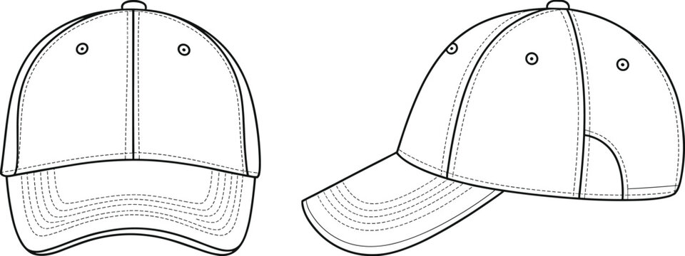 Baseball cap cad drawing flat vector illustration, detailed technical line art hat design template for fashion product development and presentation