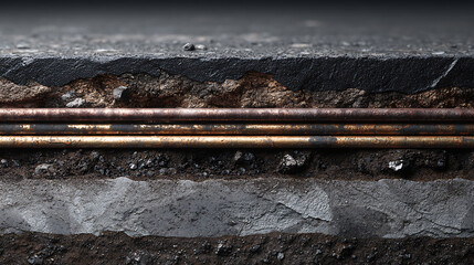 Cross-section view of old copper pipes buried under an asphalt road