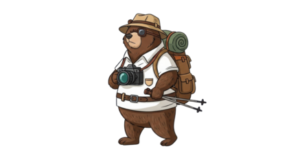 Bear character with camera, backpack and hiking poles on white background