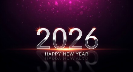 Silver 2026 numbers with Happy New Year text and pink bokeh background celebration