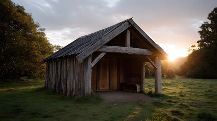 Obraz premium Rustic wooden shed in a meadow at sunset with warm light
